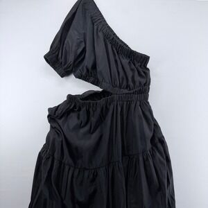 MOON RIVER Black One Shoulder Tiered Midi Dress‎ Cutout Elastic Waist